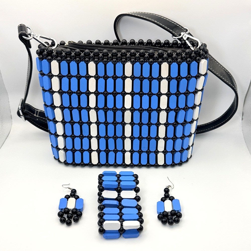 Handmade Wood Bead Crossbody Bag Set Blue White Geometric Tile Bracelet Earrings